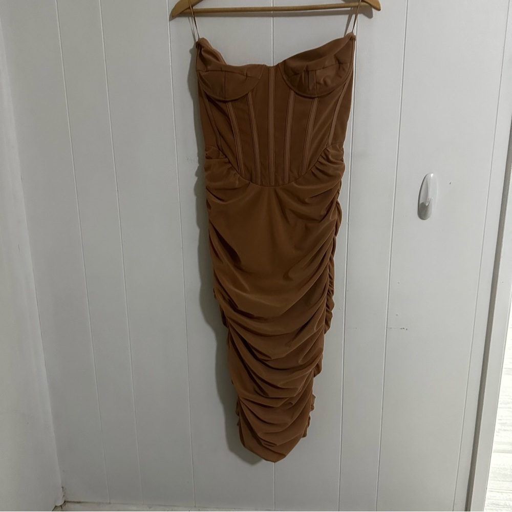 Bardot Brown Ruched Strapless Bodycon Dress